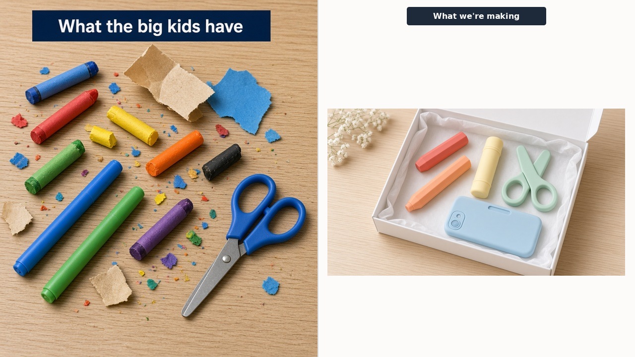 Side-by-side: real crayons markers and scissors versus our pastel mixed teether set in the box
