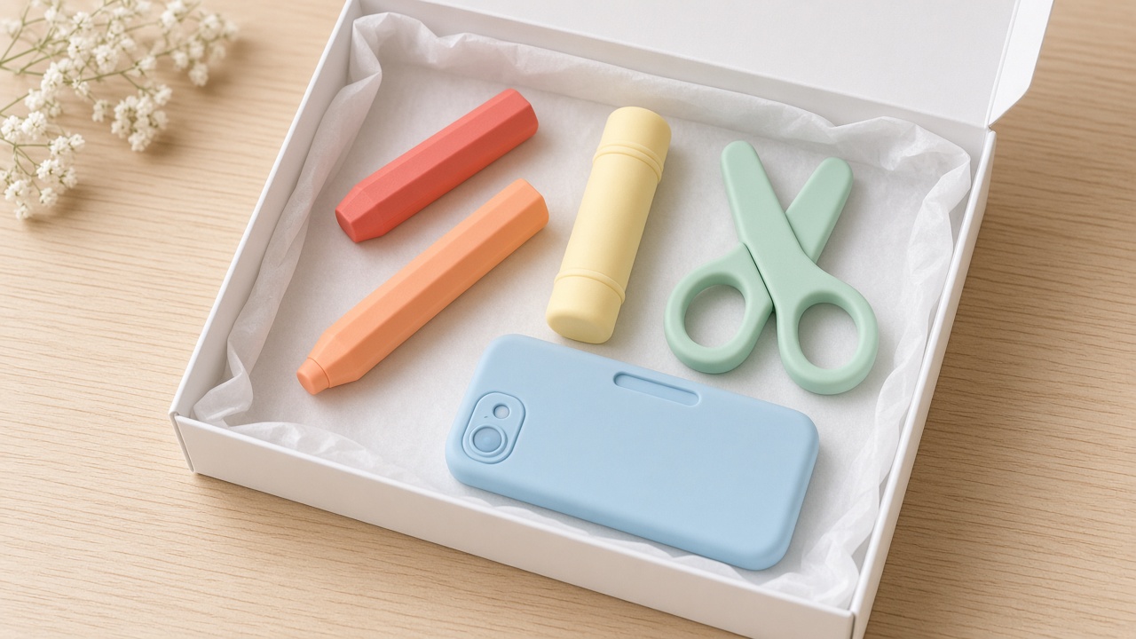 Pastel mixed teether set in clean packaging — crayon, marker, glue stick, scissors, and phone styles